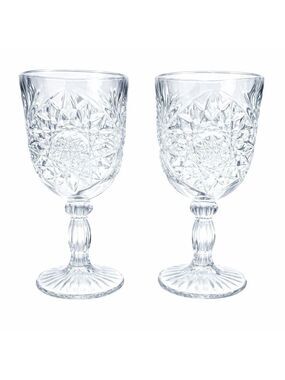 Libbey Hobstar Goblets Set of 2 Vintage Clear Pressed Glass Star of David